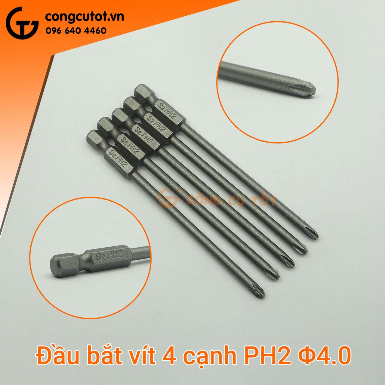 Bộ 5 đầu bắt vít 4 cạnh PH2 dài 100mm chuôi lục