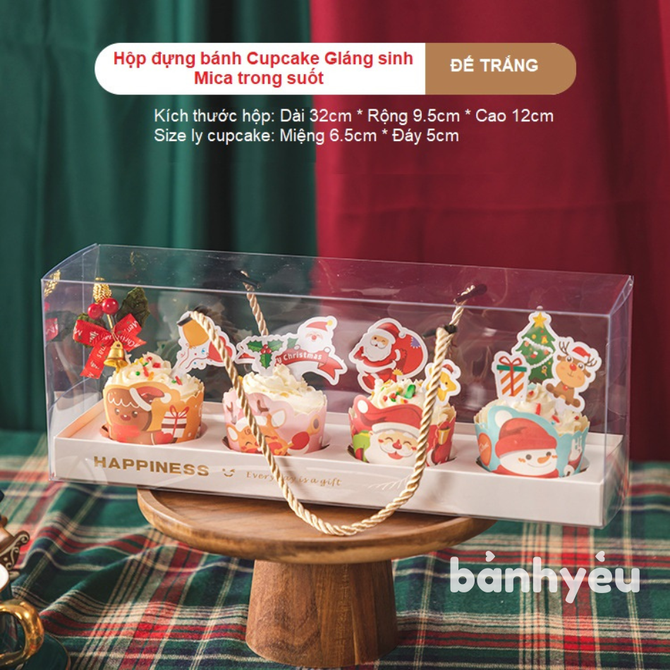 Hộp Mica đựng bánh Cupcake 4 bánh có quai xách/Hộp đựng bánh Cupcake Giáng Sinh - BB176