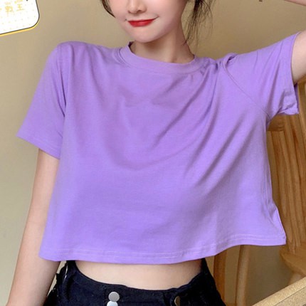 Áo thun croptop trơn cổ tròn ngắn tay xinh xắn ttsla0947