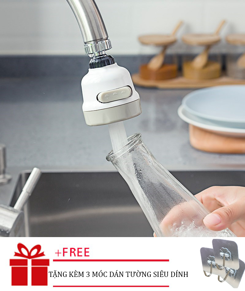 [ TẶNG KÈM 3 MÓC DÁN ] Dau voi tang ap- Đầu vòi tăng áp 3 chế độ xoay 360 độ tăng áp lực nước 300% lắp vừa với hầu hết các loại vòi (White)