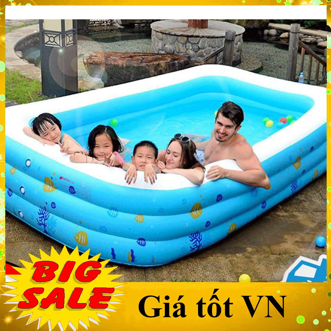 [Loại xịn dày 2 đáy] Bể bơi hình chữ nhật cỡ lớn 3 tầng cho bé vui chơi ngày hè nóng bức, Bể tắm phao bơm hơi di động cho cả gia đình 180x110x60cm