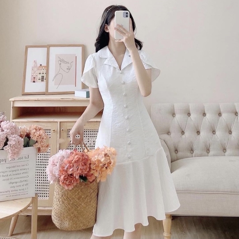 Đầm trắng nút bọc, tay sen ms118