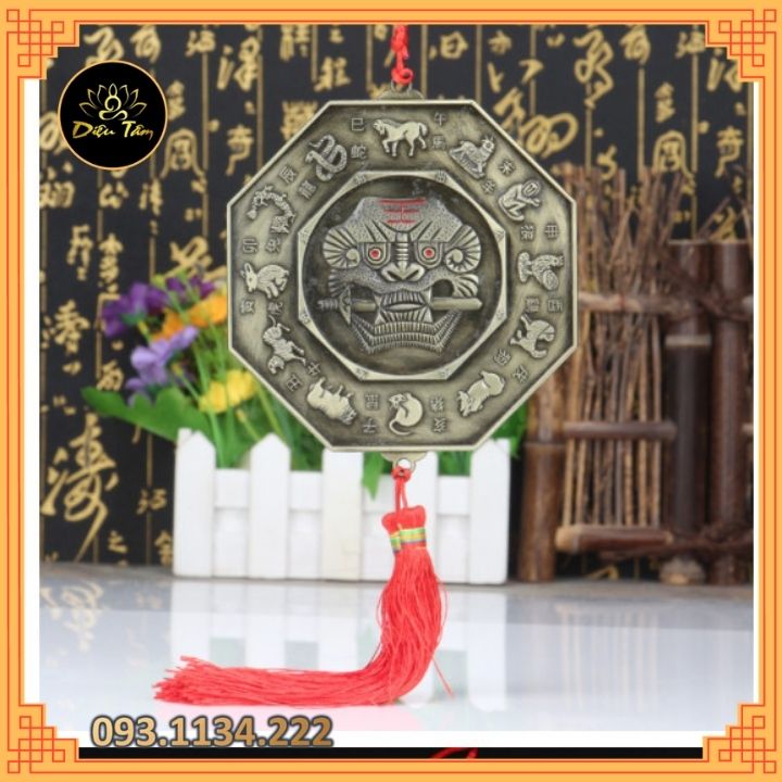 Gương Bát quái âm dương mặt sau hổ phù gương bát quái phong thủy có dây treo tâm kết