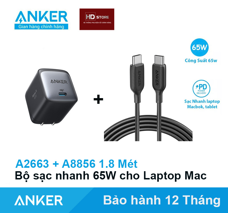 Bộ sạc nhanh Anker 65W sạc nhanh PD Laptop Macbook PowerPort Nano II GaN2