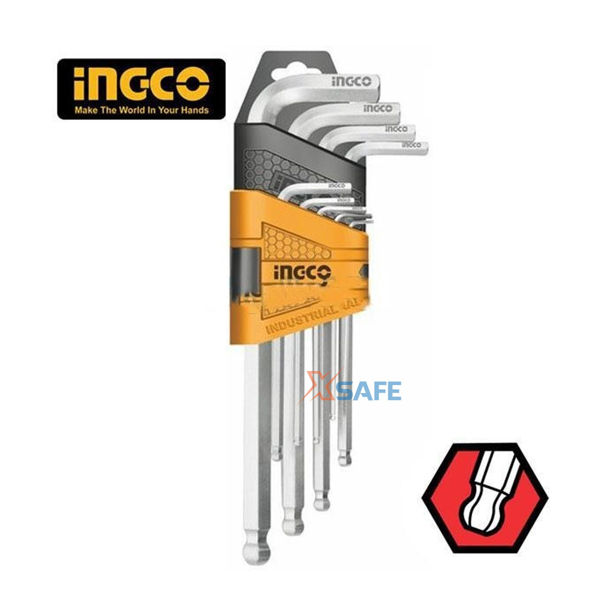 Set 9 key hexagonal round head ingco HHK12091 compact design. Lock hexagonal material CR-V, size 1.5-10mm, heat resistant and is plated with chrome steel. -48/t-distribution genuine xsafe