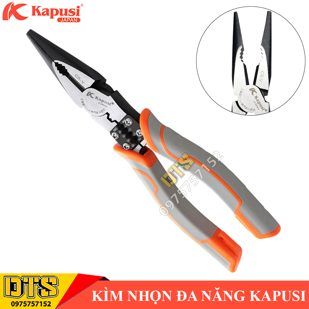 Kìm nhọn đa năng công nghiệp Nhật Kapusi JAPAN 8inch/ 200mm, thép CR-V cao cấp, độ cứng cao thiết kế tiên tiến tiết kiệm 30% lực bấm (Kẹp, Cắt, Uốn, Cuộn và Tuốt dây) kìm đa năng, kìm trợ lực, kìm răng tổ hợp, kìm công nghiệp