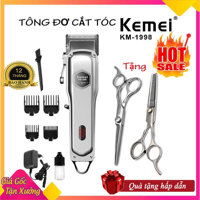 Tông đơ cắt tóc cao cấp Kemei 1998 thân nhôm nguyên khối, tăng đơ hớt tóc chuyên nghiệp không dây sạc pin đẳng cấp hơn tông đơ cắt tóc gia đình JC0817 (tong do cat toc), codol ch531 + Tặng kèm bộ kéo cắt tỉa tóc chuyên dụng