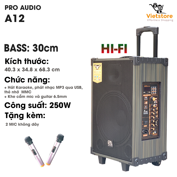 Loa kéo di động - Loa kéo Karaoke - Loa kéo đa năng cỡ lớn cao cấp công suất 100W - 250W A-12 Siêu bass 30cm( 3 tấc ) công nghệ bluetooth 4.2 âm thanh 3D Hifi hát karaoke tặng kèm 2 Mic không dây