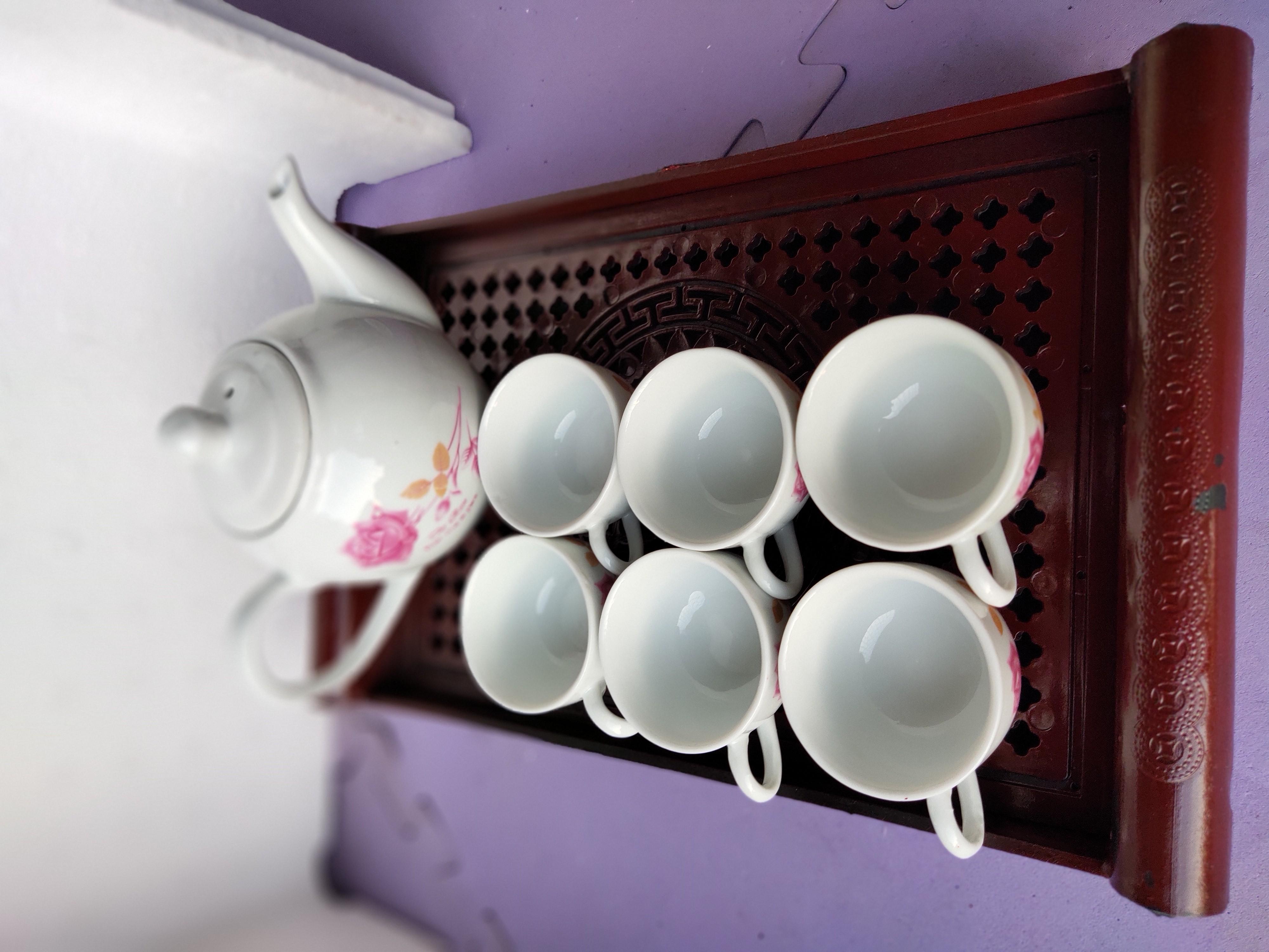 Bộ ấm chén hoa hồng đỏ có khay 2 lớp