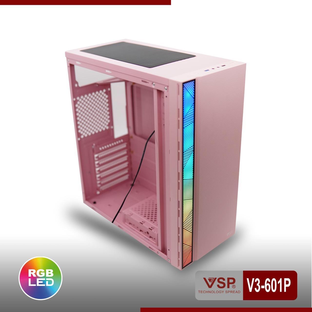 Case Máy tính V3-601P có sẵn Led Rgb màu hồng kính cường lực, hông trong suốt cực đẹp hàng cao cấp, Vỏ Thùng máy tính mẫu mới bán chạy, Vỏ case cho máy tính siêu sang đẳng cấp