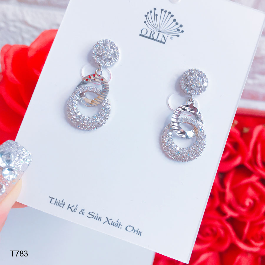 Bông tai bạc nữ dáng dài hình tròn đính đá thiết kế cao cấp Orin T783 - Long Tien