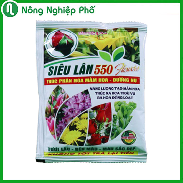 Siêu lân 550 Flowers 10-55-10 thúc ra hoa trái vụ, hạ phèn, giải độc, ra rễ - Gói 100 gram - Nông Nghiệp Phố