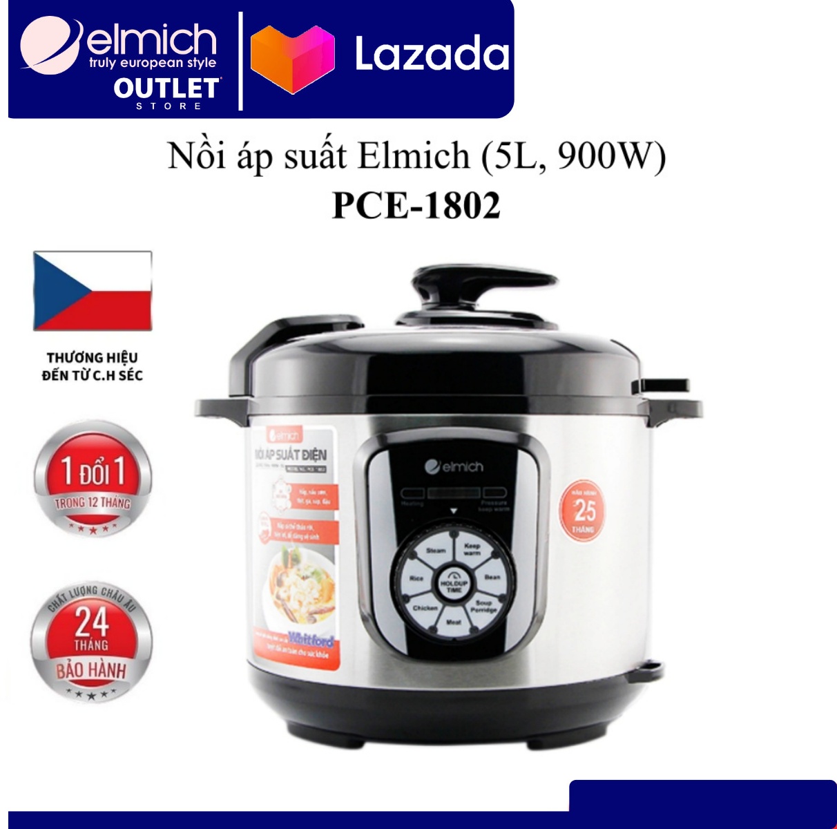 Nồi áp suất Elmich PCE-1802 (Dung tích 5L - Điện áp 220V - Công suất 900W - BH 24 tháng).