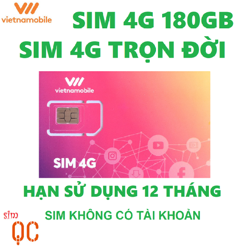 Sim 4G trọn đời vnmb 180GB có hạn sử dụng 12 tháng không có tài khoản