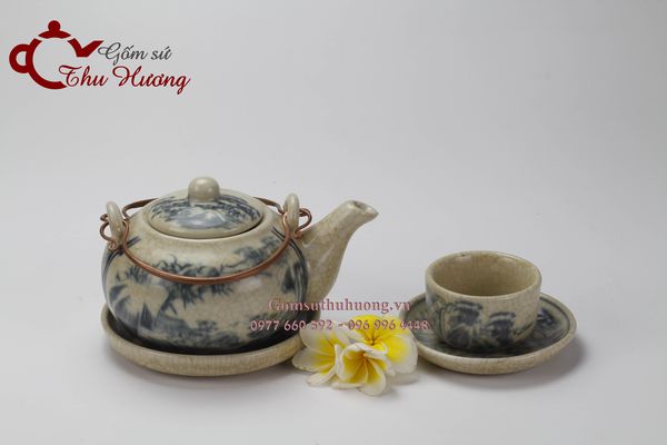 Bộ ấm trà Bát Tràng men rạn giả cổ dáng Nhật