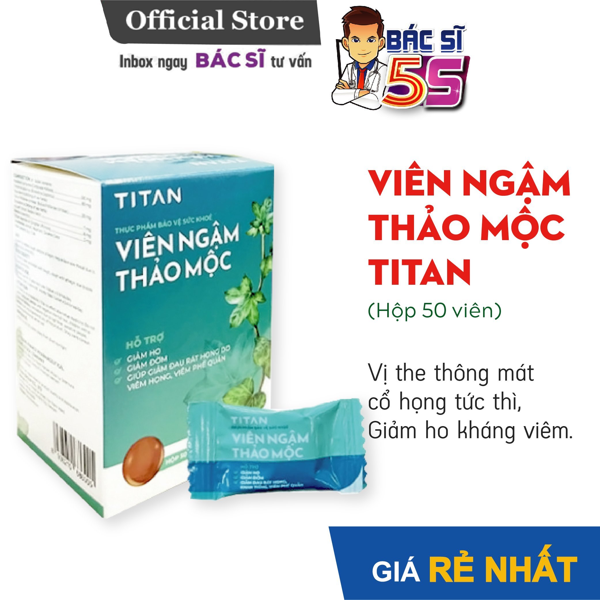 Viên ngậm thảo mộc Titan - Giảm đau họng, giảm ho, thông cổ, mát họng 50