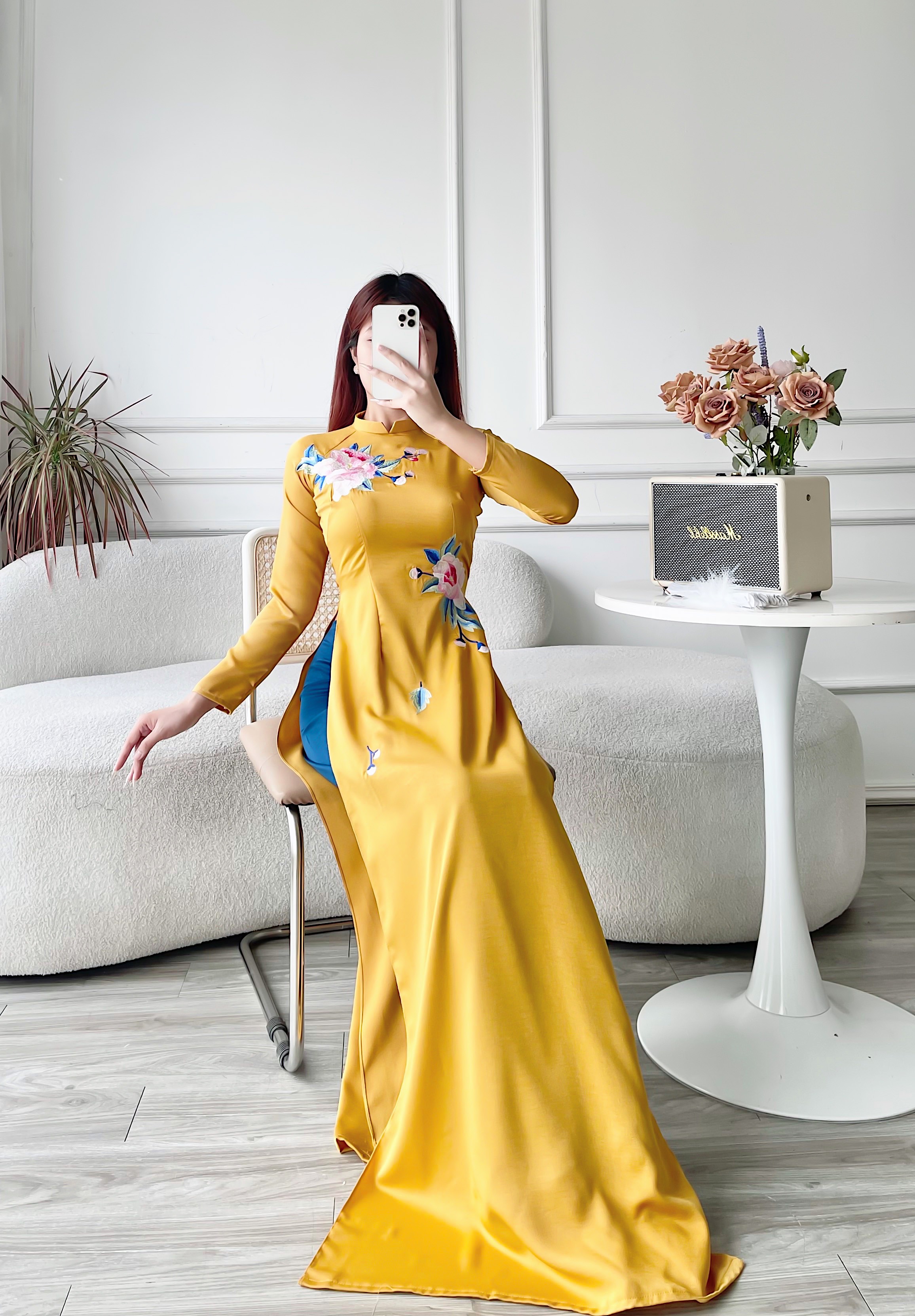 Áo dài thêu áo dài cách tân lụa tây thi cao cấp MÃ TK18