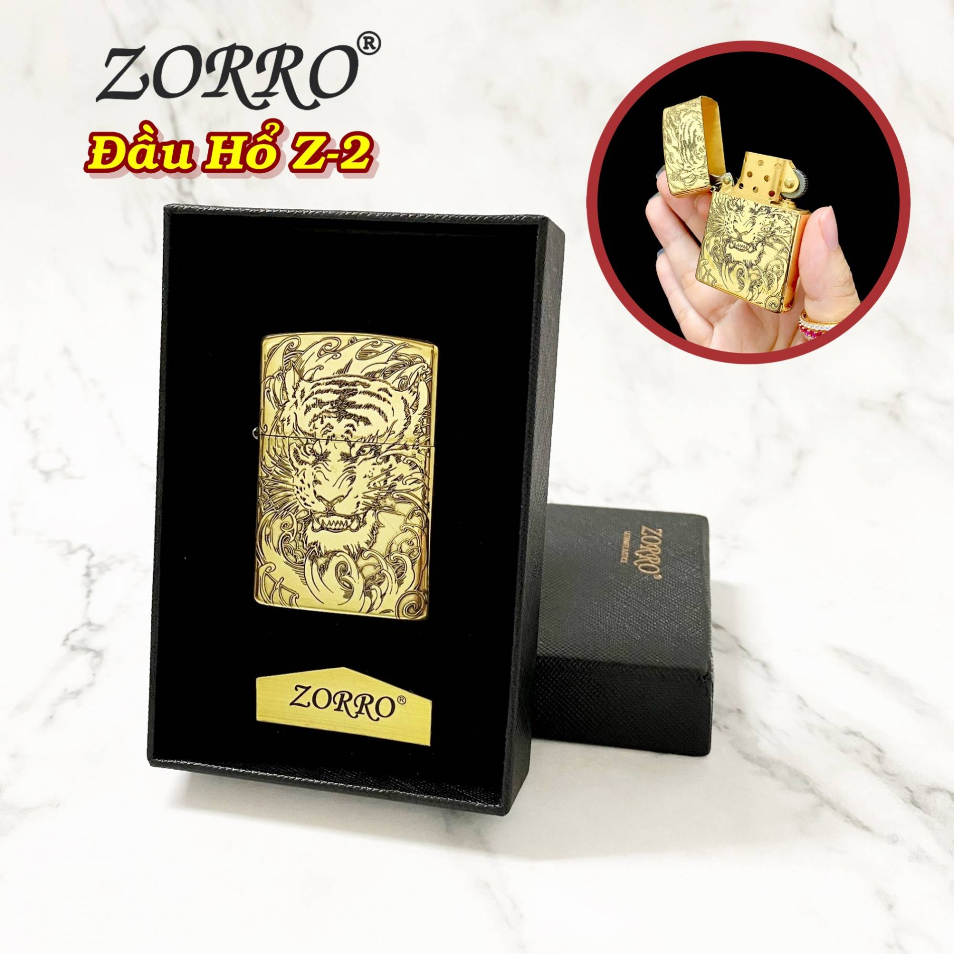 Bật lửa zippo khắc 2 mặt hình đầu hổ ruột vàng z-2