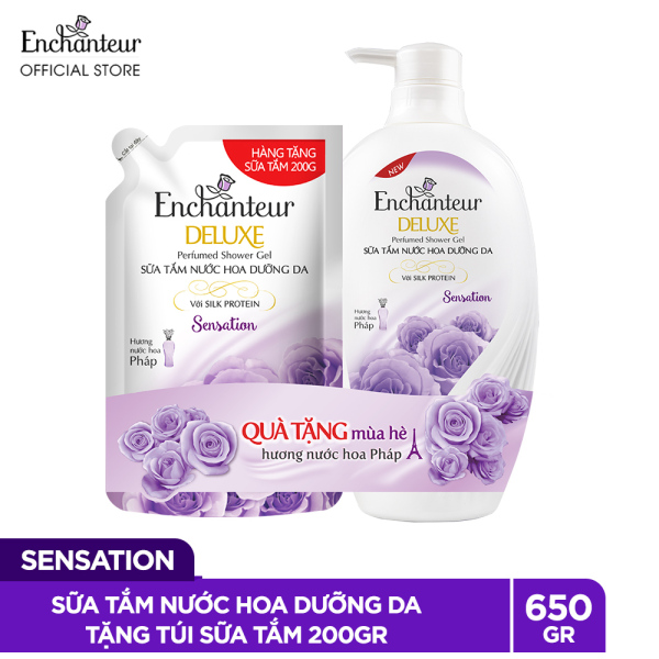 Sữa tắm nước hoa dưỡng da Enchanteur Sensation 650gr + Túi sữa tắm 200g