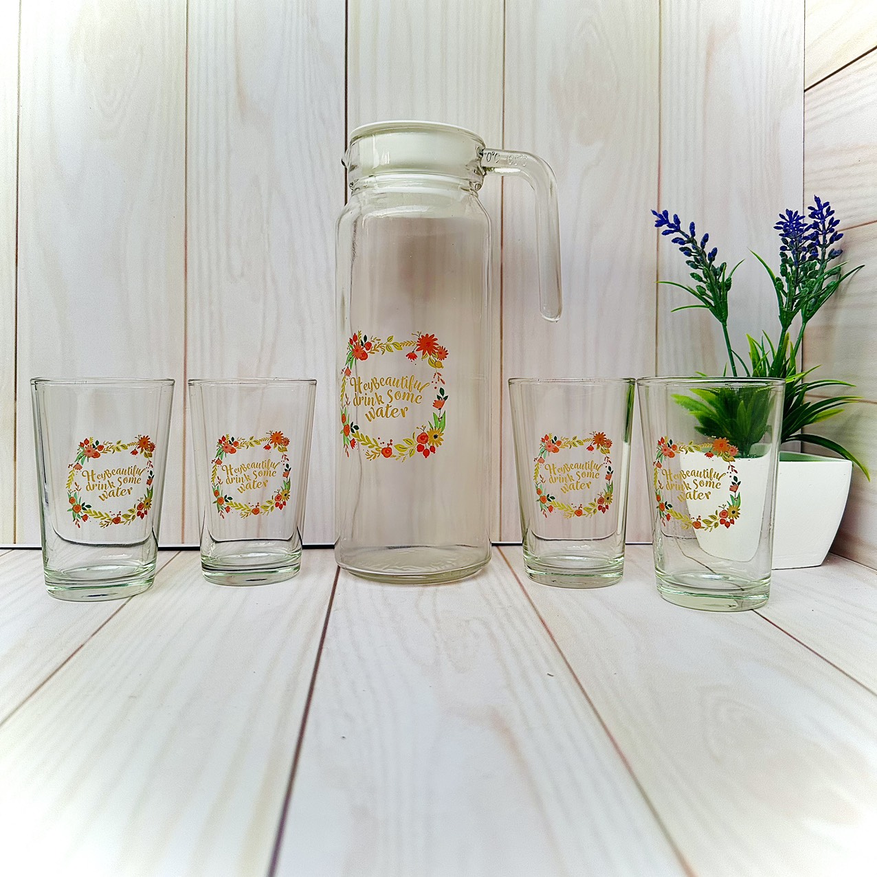 Gb20000 3-1-th3 pattern glass jar-pack of 1 jar + 4 cups-beautiful glass cup set