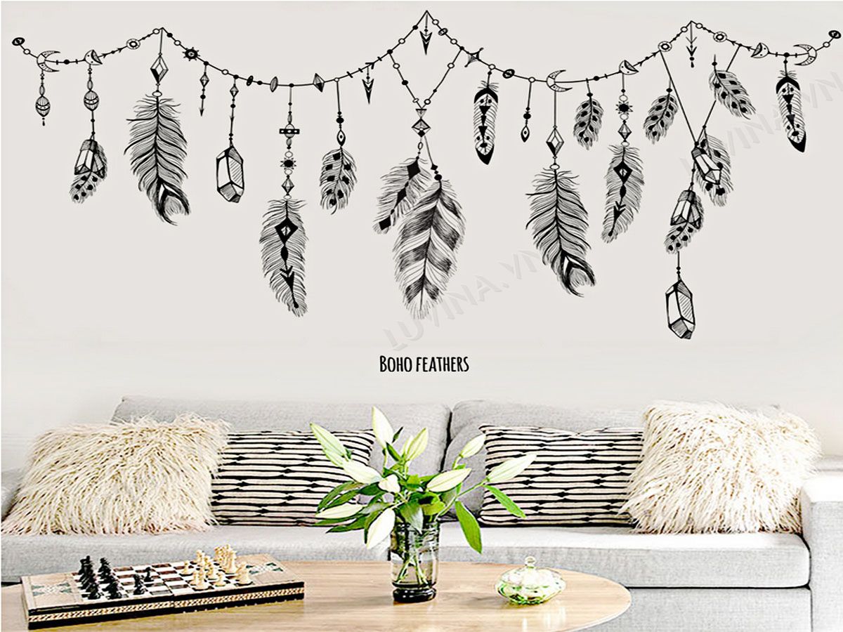 DECAL DÁN TƯỜNG LÔNG VŨ ĐEN TRẮNG