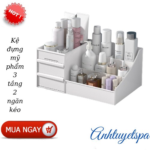 Kệ đựng mỹ phẩm 3 tầng 2 ngăn kéo, hộp đựng đồ trang điểm, makeup bằng nhựa cao cấp
