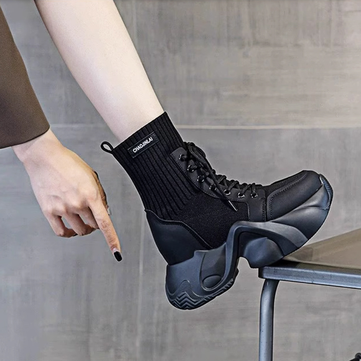 Giày Boots đế độn cổ len cao 9cm PB590-4166