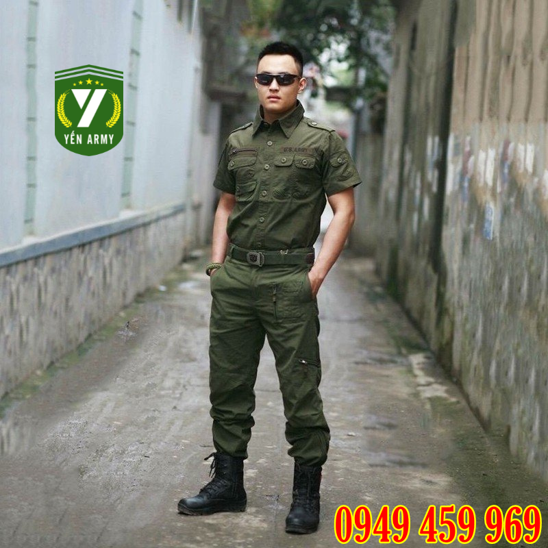 Bộ Quần Áo Sơ Mi Lính Nam Cộc Tay Màu Xanh Rêu Túi Khóa Chéo - Mã A205 + Q001