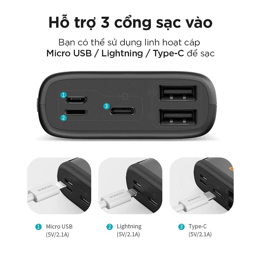 PIN SẠC DỰ PHÒNG 20.000MAH ROMOSS ARES 20 MÀN HÌNH LED 3 CỔNG INPUT MICRO - LIGHTNING - TYPE C