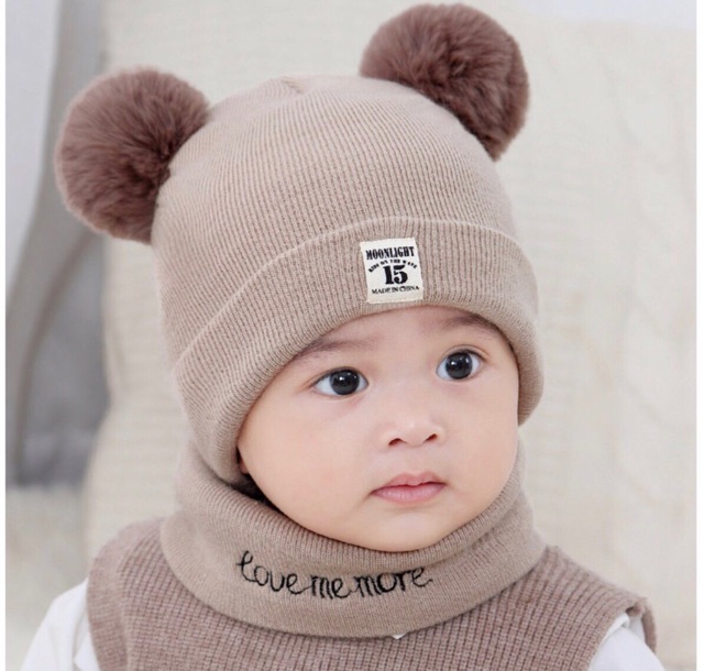Bộ Khăn + Mũ Len 2 Quả Bông Cho Bé