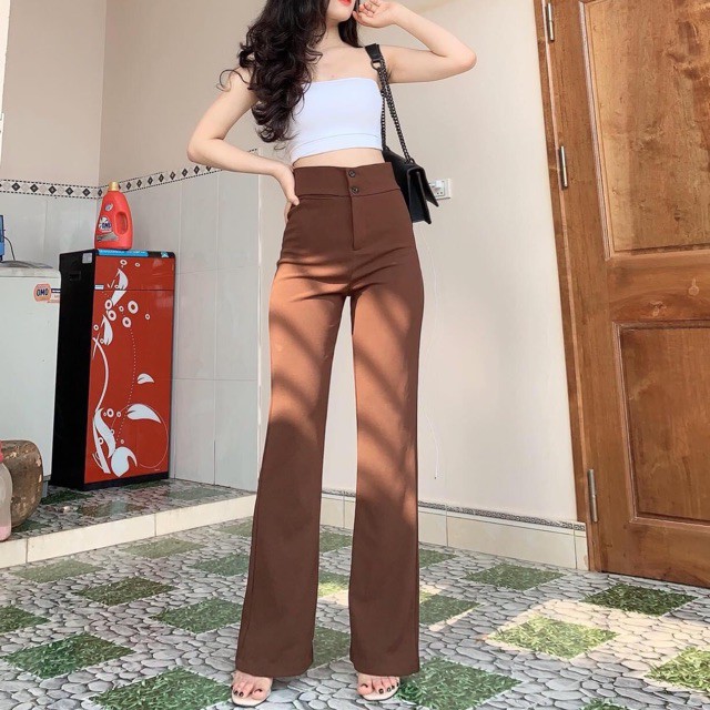 Quần ống loe công sở cạp cao lưng cao 2 cúc vải tuyết mưa cao cấp Q065