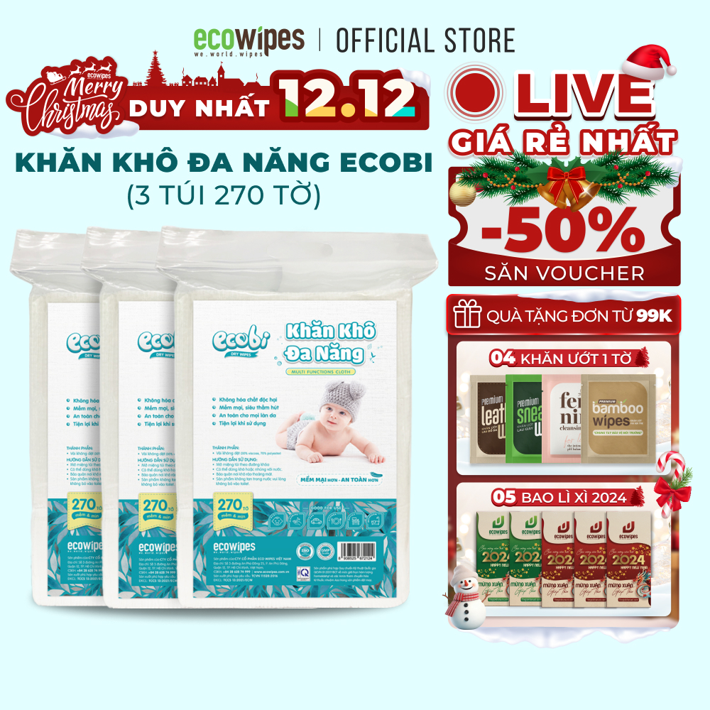 Combo 03 túi khăn vải khô đa năng cao cấp an toàn cho bé Ecowipes túi 270 tờ 345g không mùi mềm dai thấm hút tốt