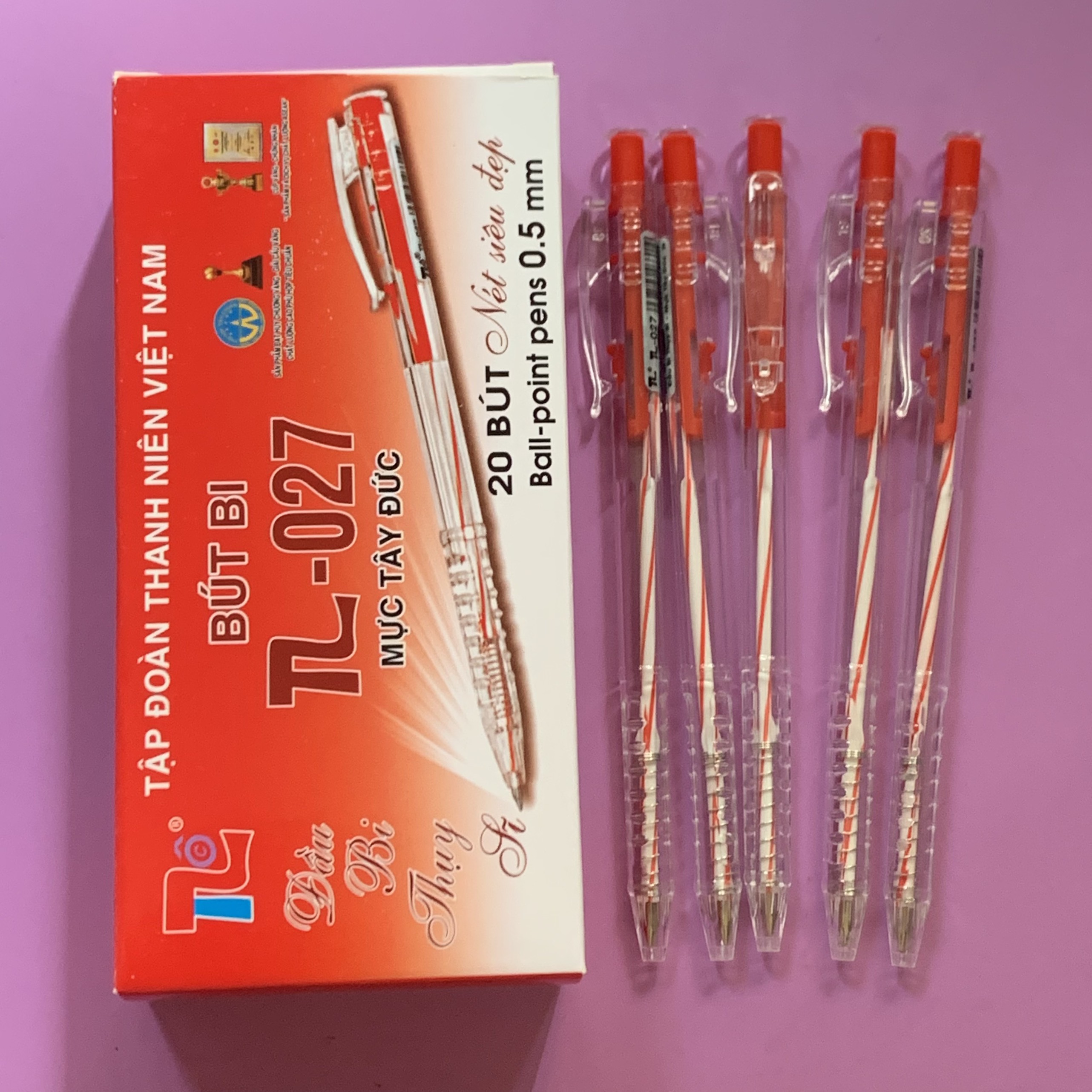 Combo 5 cây bút bi ĐỎ TL-027 Thiên Lộc