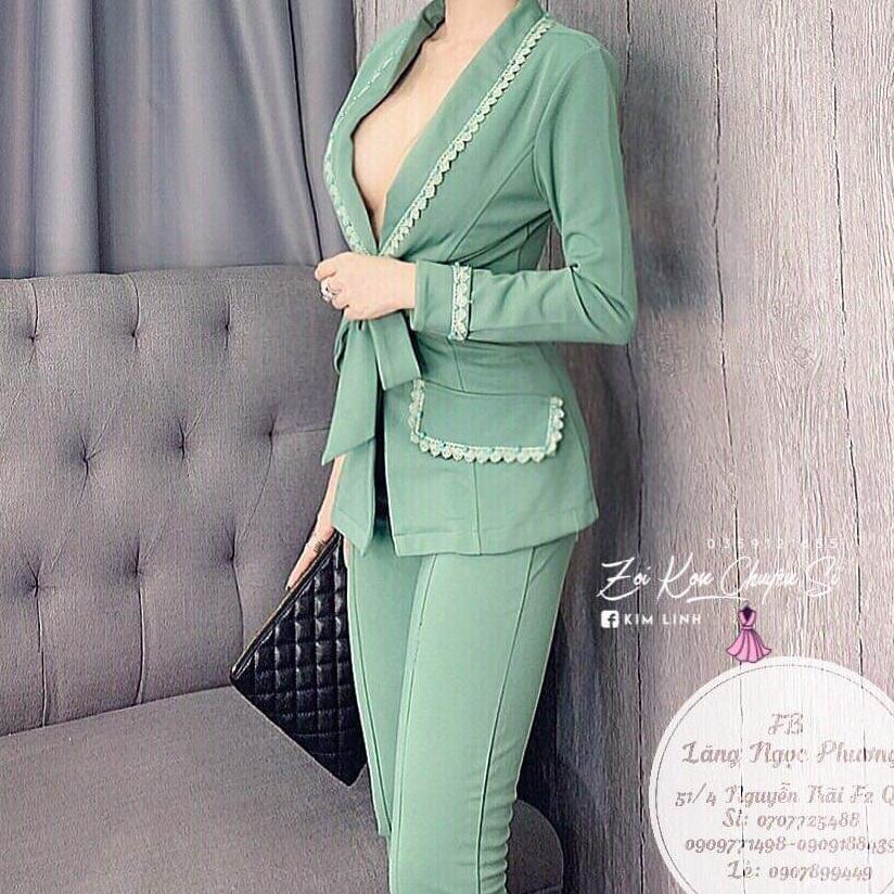Sét áo vest viền dây cột eo quần tây