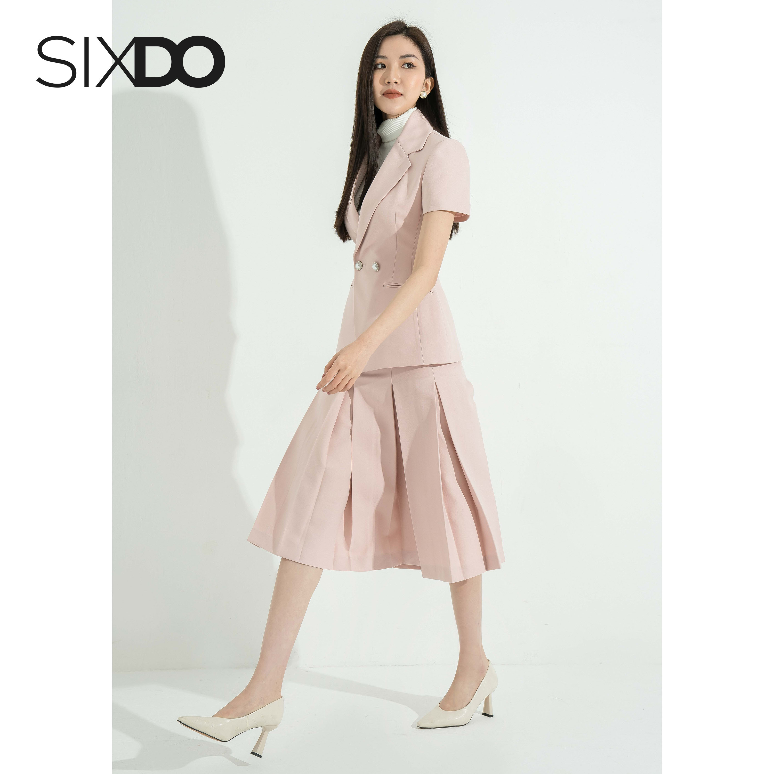Chân váy tuýp xi hồng xếp ly SIXDO (Light Pink Knife Pleated Midi Skirt)