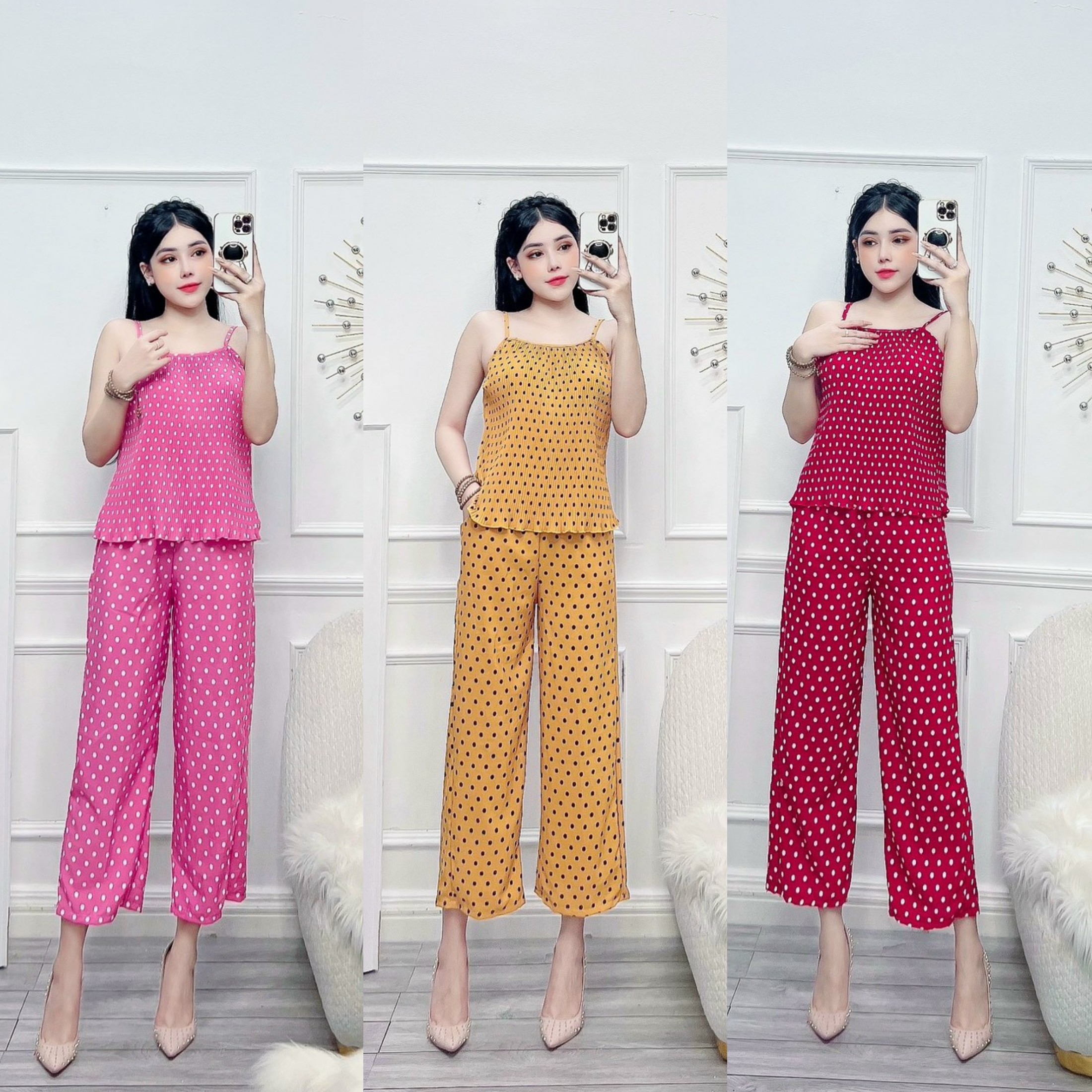 Đồ bộ nữ 9 tấc chấm bi dễ thương, Bộ lụa mặc nhà quần lửng mềm mịn Freesize 40-55kg