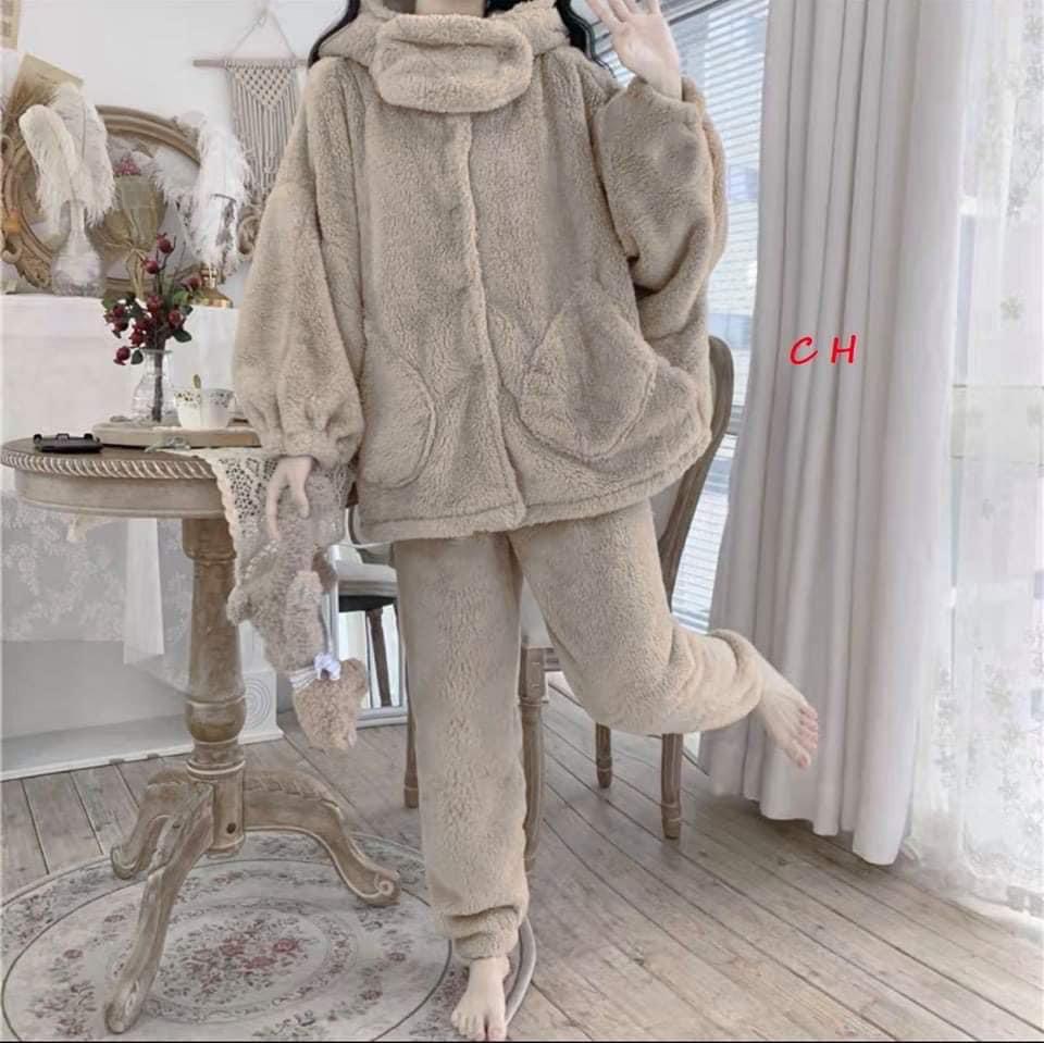Bộ ngủ lông gấu cao cổ, bộ ngủ lông cừu mũ tai gấu màu xám, bộ ngủ lông nữ hàn quốc, bộ pijama lông cừu ulzzang, bộ đồ nữ mặc nhà lông siêu ấm, áo lông nữ, quần lông nữ, bộ ngủ cute tai gấu, levermart