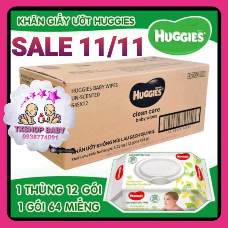 [HCM]**SALE 11/11**THÙNG 12 KHĂN ƯỚT HUGGIES 64 TỜ KHÔNG MÙI