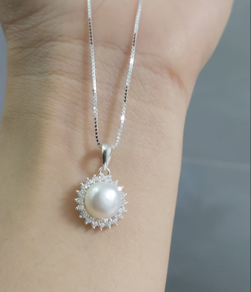 [HCM]Bộ dây chuyền +mặt ngọc trai thật chế tác từ bạc nguyên chất 100% bạc (hình thật 100% )