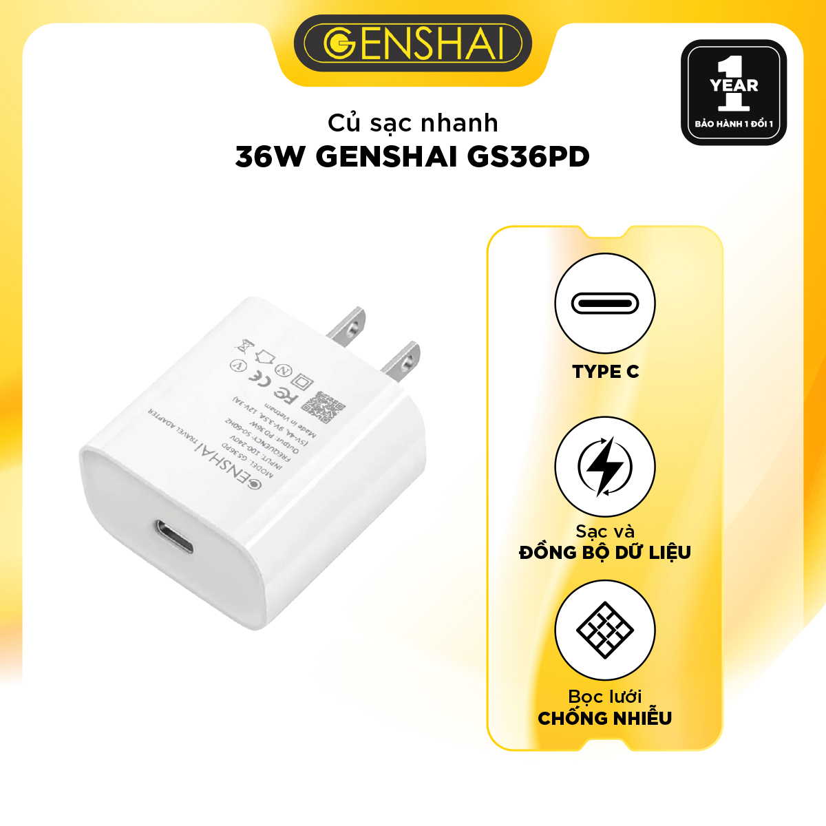 Củ Sạc Nhanh 36W Cổng Type-C Genshai GS36PD - Bảo Hành 12 Tháng 1 Đổi 1 - Made in Việt Nam