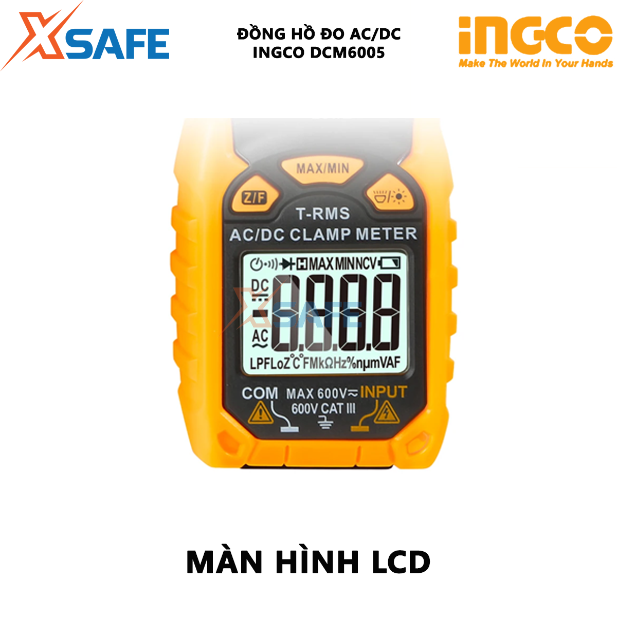 Đồng hồ kẹp AC/DC INGCO DCM6005 | Ampe kìm AC/DC 6000 số đếm / Giữ dữ liệu Dòng điện một chiều 60A / 600A ± (2,5% + 5) Hiệu suất 1% ~ 99% ± (1.0% + 2) sử dụng để đo dòng điện, điện áp hoặc điện trở