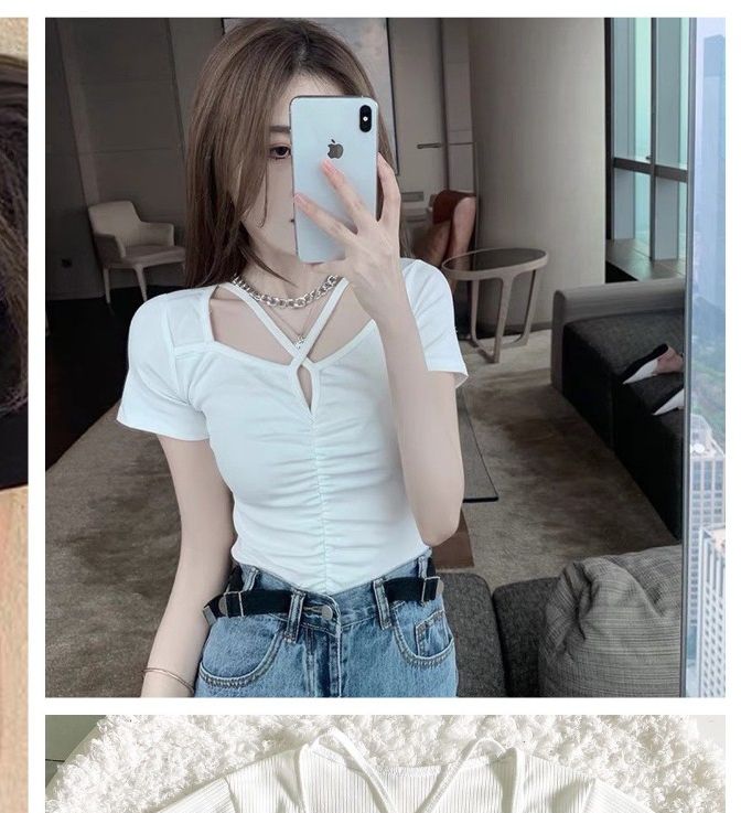 Áo croptop dây chéo nhún ngực tay ngắn