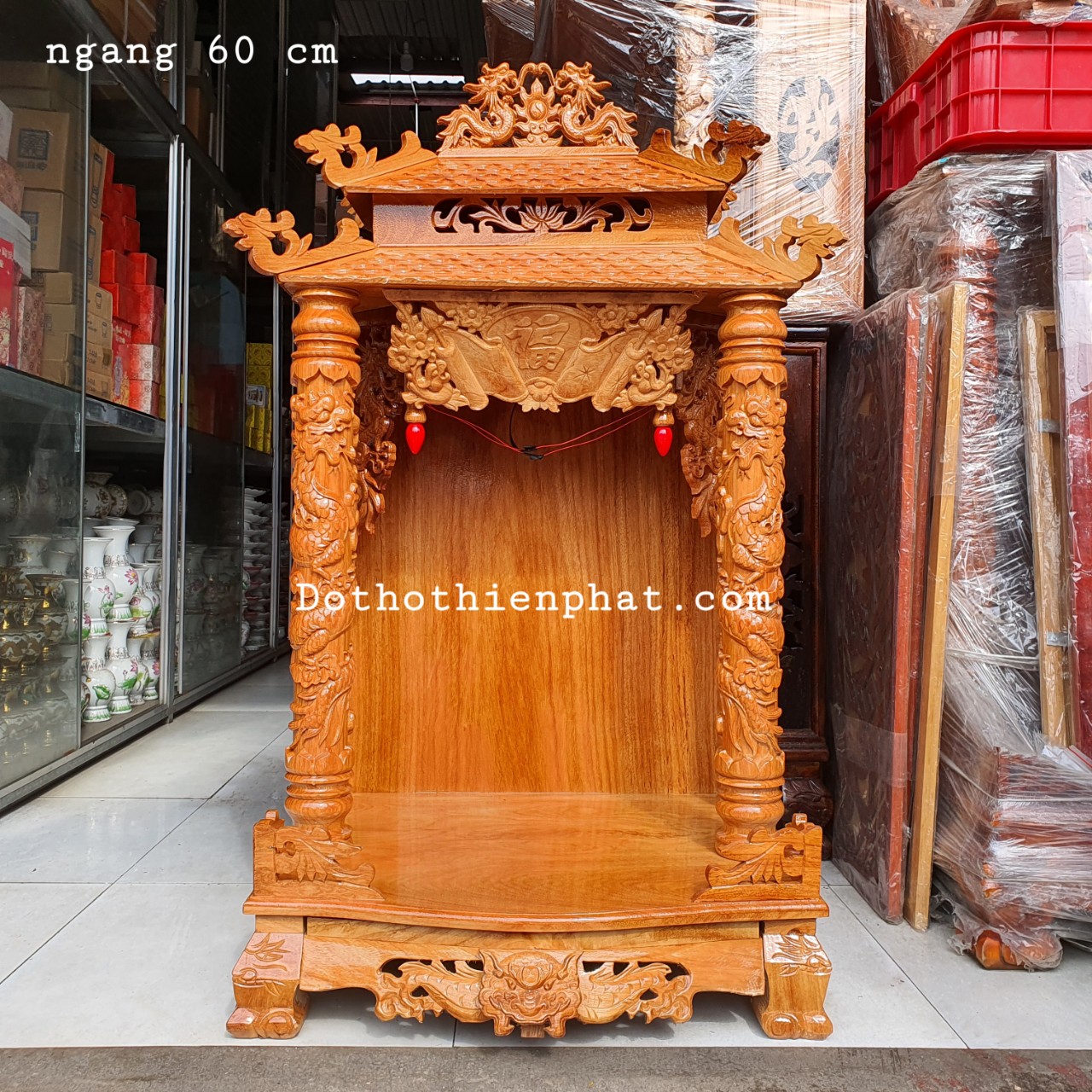 Bàn thờ thần tài ông địa gỗ gõ đỏ mái chùa ngang 60cm
