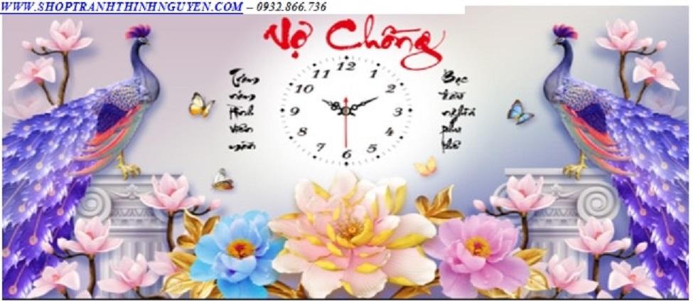 Tranh đính đá đồng hồ vợ chồng đôi Công đẹp -YN5366