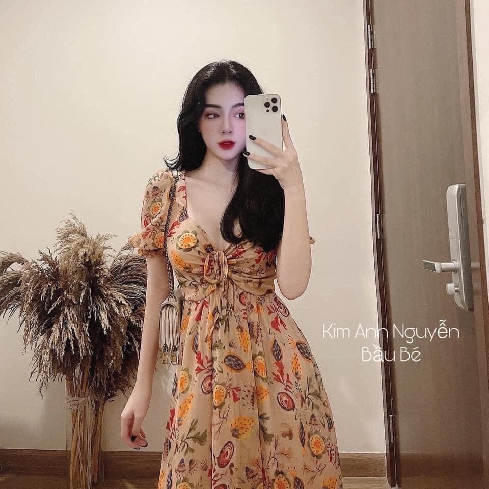 Váy hoa vàng buộc nơ ngực