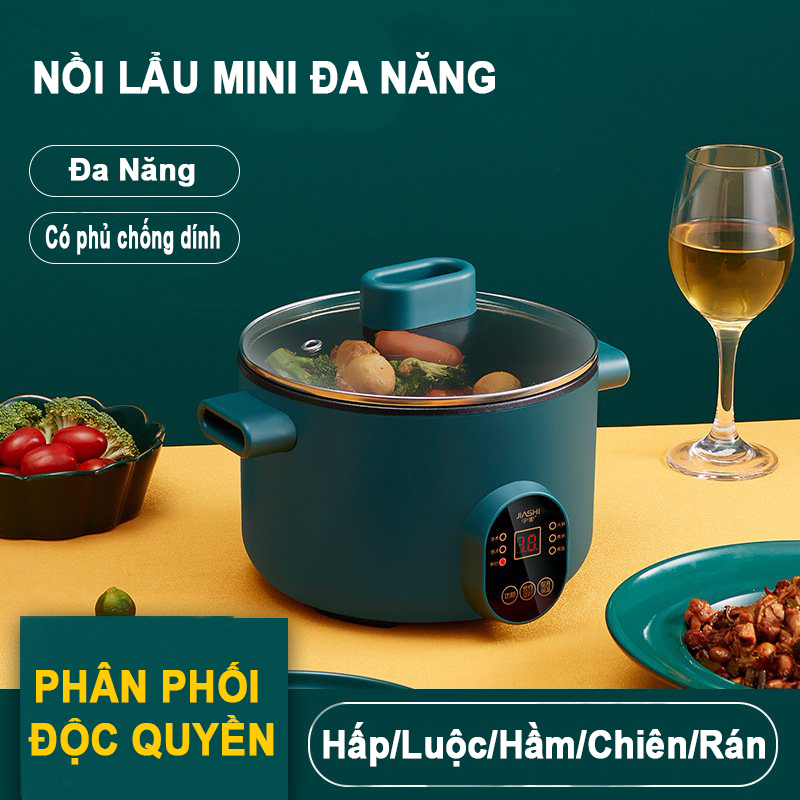 Nồi lẩu mini đa năng JIASHI cho 2-4 người ăn phủ lớp chống dính - noi lau đa năng Hấp, Luộc, Hầm, Chiên, Xào,... công suất 600W kèm bộ khay hấp đồ - Hàng chính hãng bảo hành 6 tháng