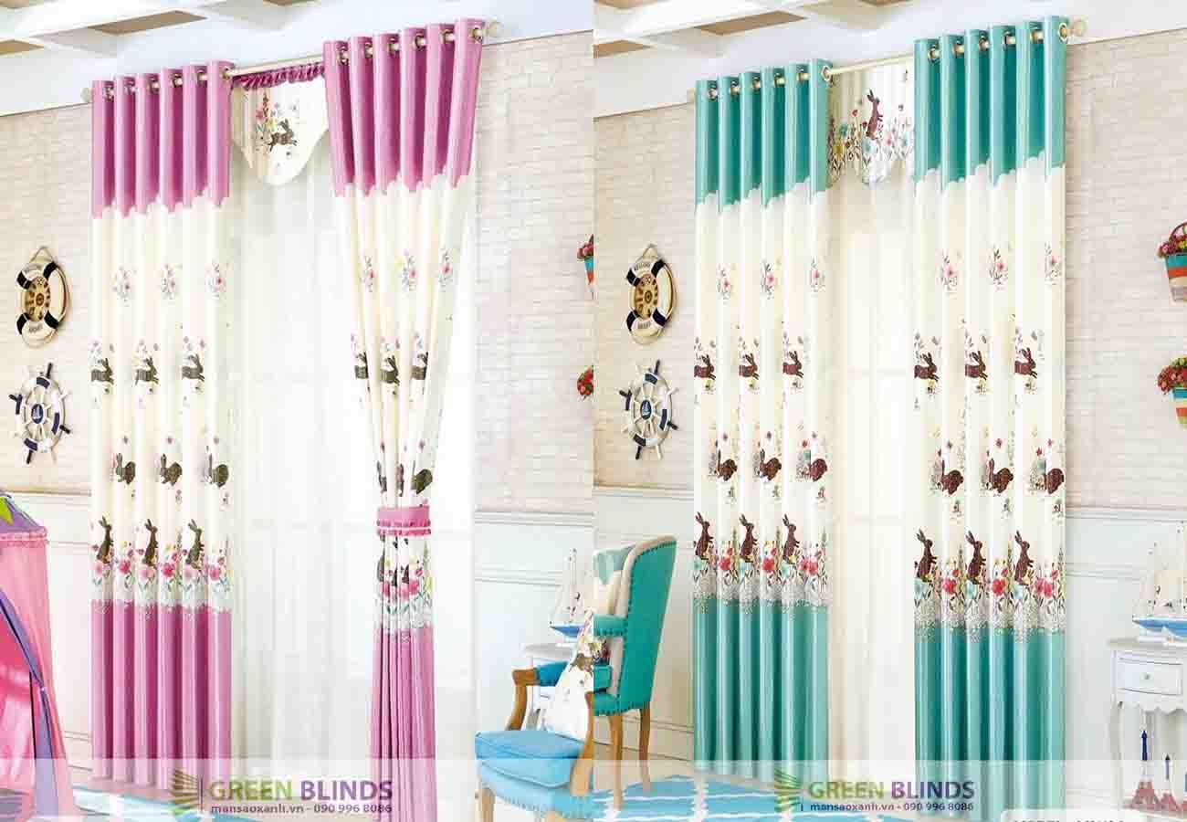 [HCM][RÈM CỬA GẤM 2 MẶT ] Rèm cửa sổ cửa chính đẹp thỏ hồng và xanh- Sẳn khoen- cắt ngắn chiều cao rèm miễn phí ( sản phẩm như hình 100%)