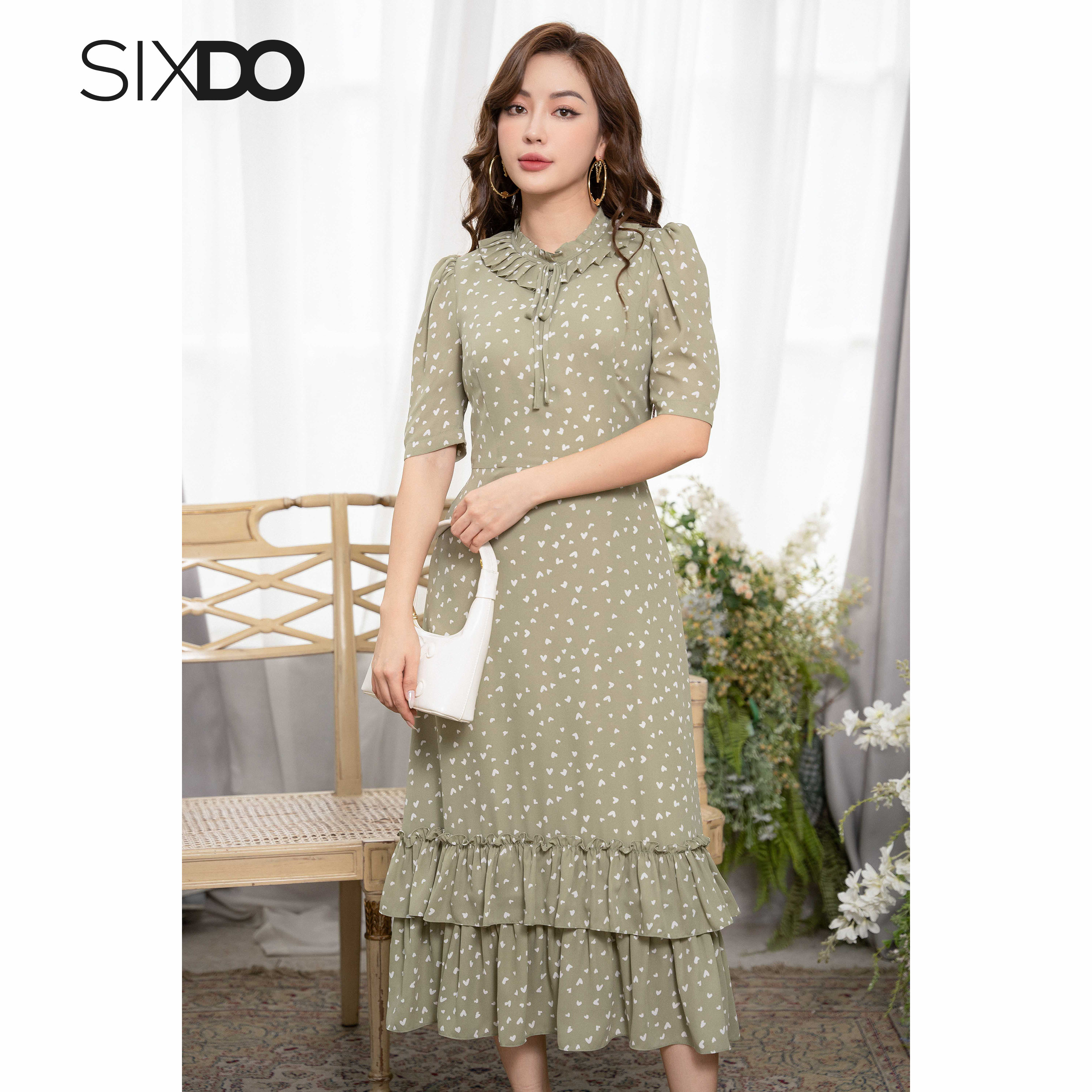 Đầm chiffon cổ bèo họa tiết trái tim SIXDO (Midi Chiffon Dress)