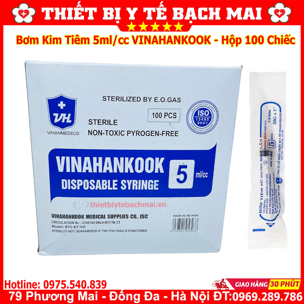 Bơm kim tiêm 5ml vinahankook dùng 1 lần - hộp 100 chiếc