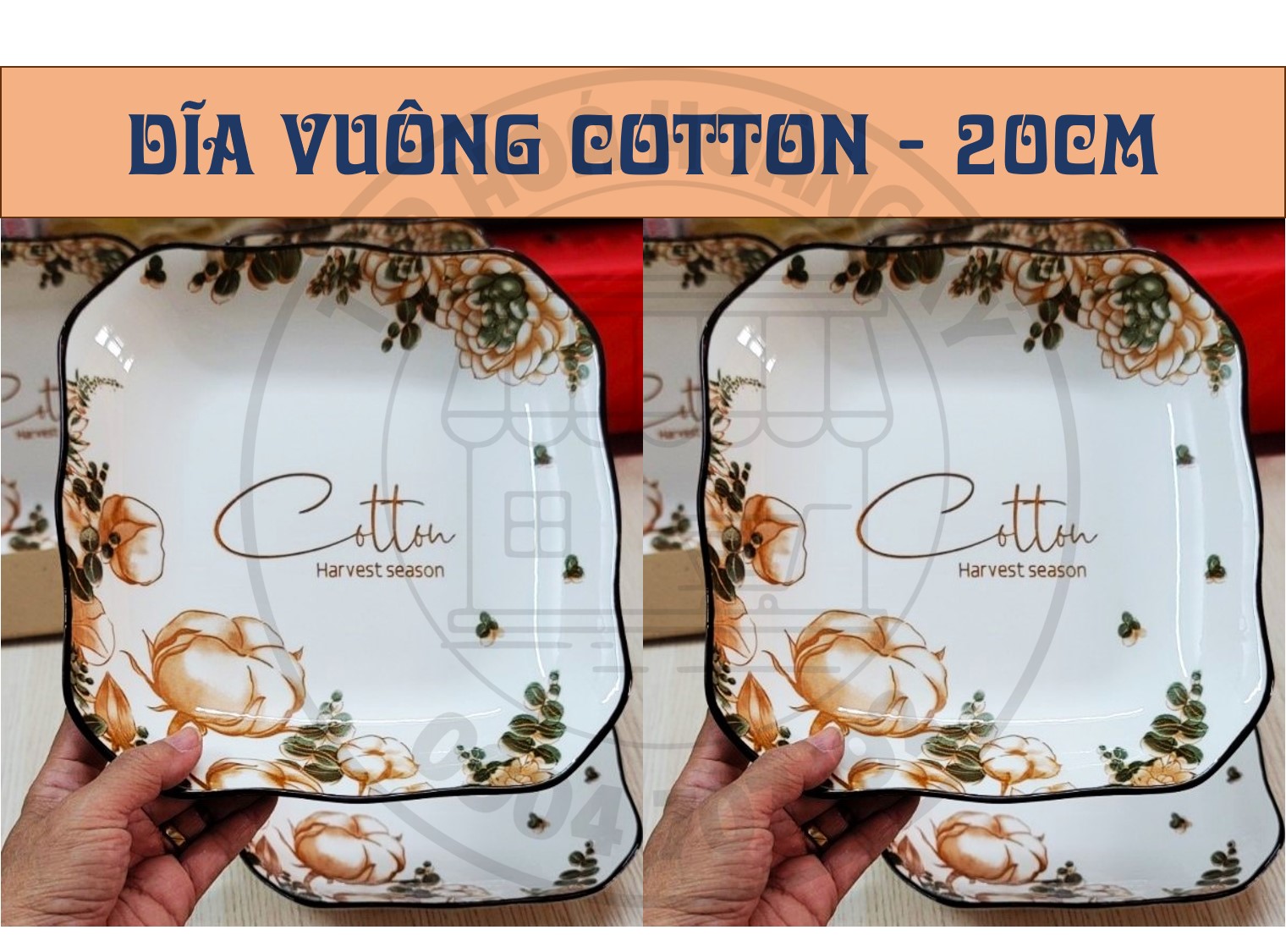 Dĩa vuông gốm sứ hoa văn Cotton 20CM ( CỠ 9)